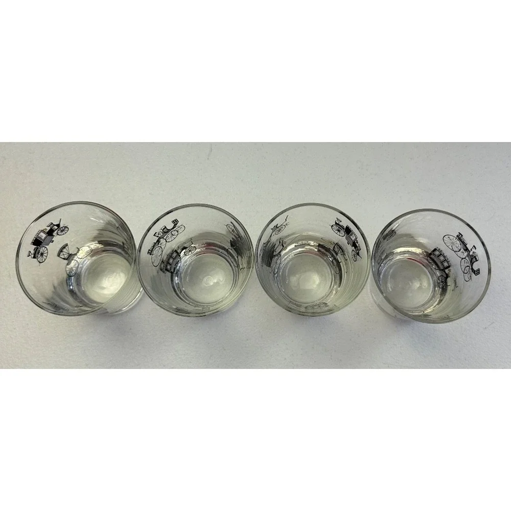VTG MCM Libbey Bar Glasses Antique Cars Black & Gold Barware Low‎ Ball Set Of 4